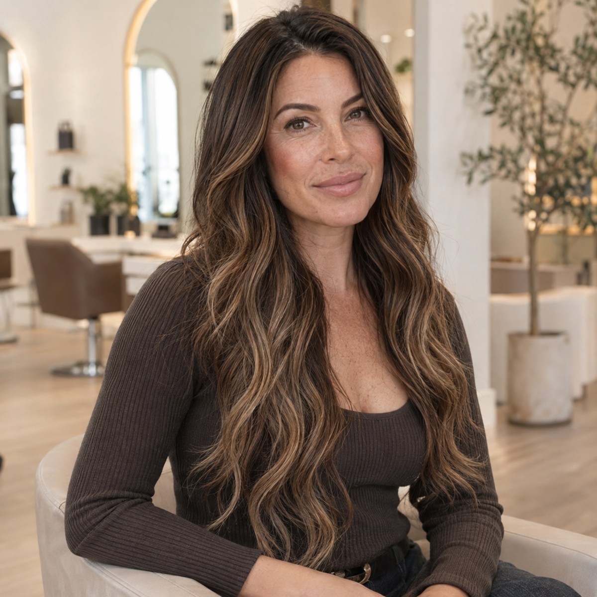 Brunette modell med lange extensions og karamellfargede dimensjoner